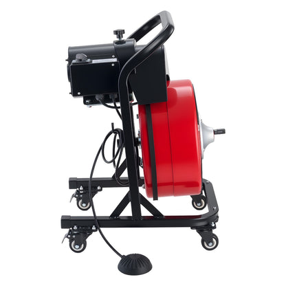 Drain Cleaner Machine 15m x 13mm, Manual Feed Sewer Snake Auger on Wheels - with 4 Cutters & Air-activated Foot Switch for 50mm to 150mm Pipes