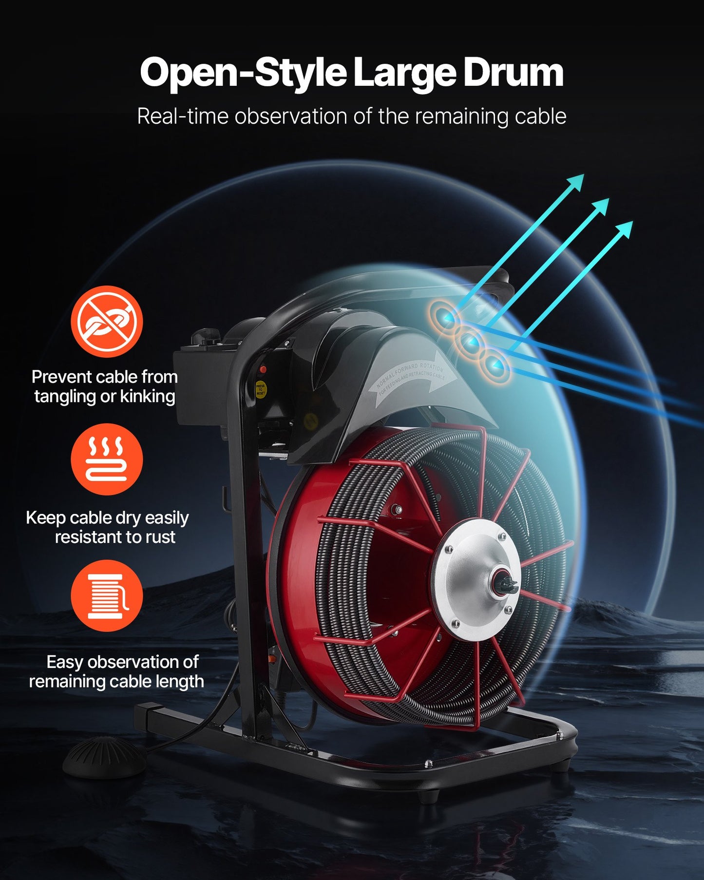 Drain Cleaner Machine 23m x 10.5mm, Sewer Snake Auger Manual Feed with 4 Cutters & Air-activated Foot Switch for 50mm to 100mm Pipes