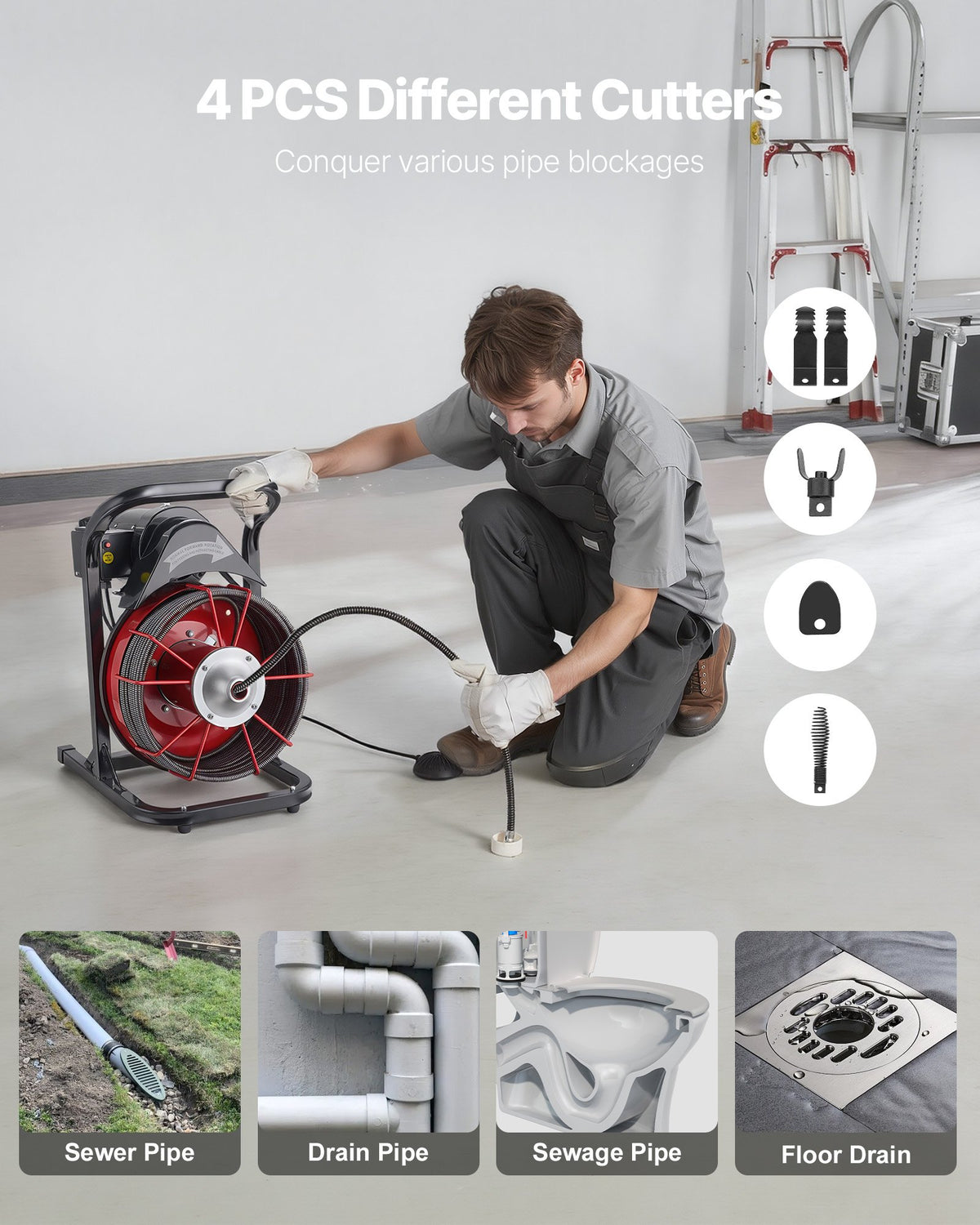 Drain Cleaner Machine 23m x 10.5mm, Sewer Snake Auger Manual Feed with 4 Cutters & Air-activated Foot Switch for 50mm to 100mm Pipes