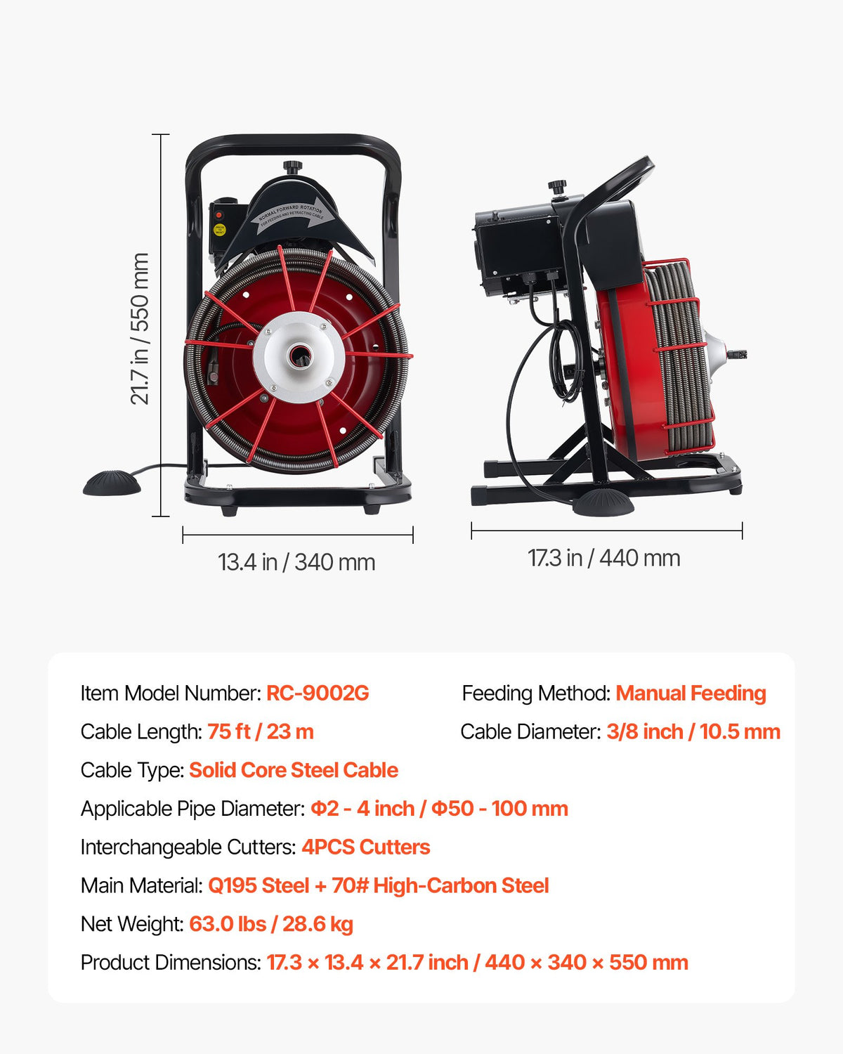 Drain Cleaner Machine 23m x 10.5mm, Sewer Snake Auger Manual Feed with 4 Cutters & Air-activated Foot Switch for 50mm to 100mm Pipes