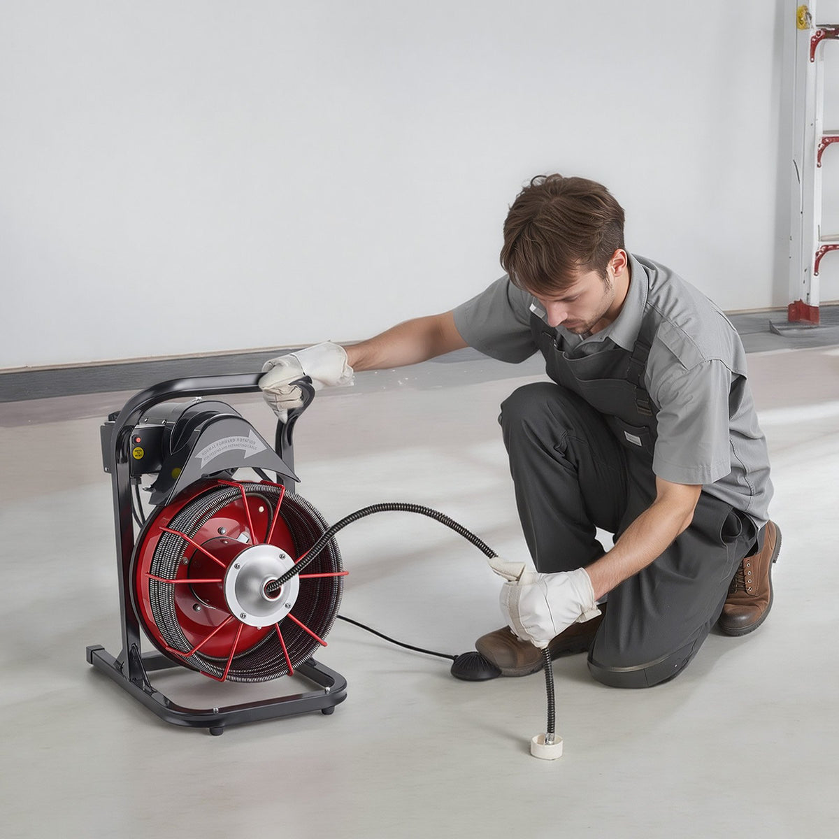 Drain Cleaner Machine 23m x 10.5mm, Sewer Snake Auger Manual Feed with 4 Cutters & Air-activated Foot Switch for 50mm to 100mm Pipes