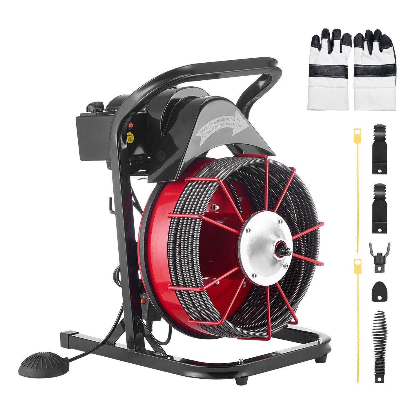 Drain Cleaner Machine 23m x 10.5mm, Sewer Snake Auger Manual Feed with 4 Cutters & Air-activated Foot Switch for 50mm to 100mm Pipes