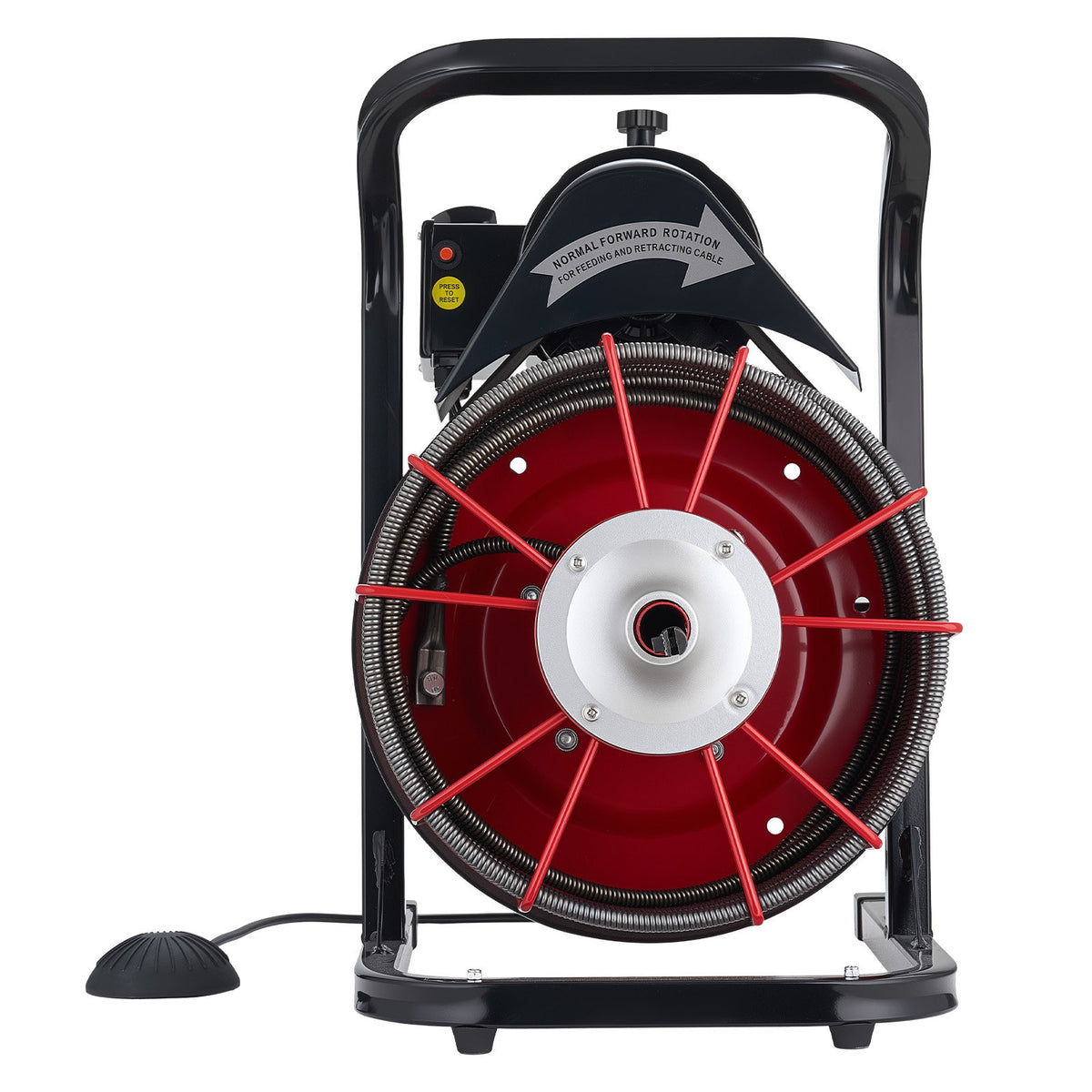 Drain Cleaner Machine 23m x 10.5mm, Sewer Snake Auger Manual Feed with 4 Cutters & Air-activated Foot Switch for 50mm to 100mm Pipes