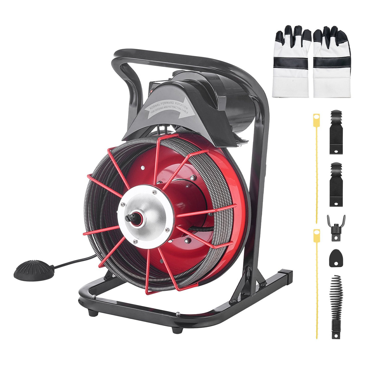 Drain Cleaner Machine 23m x 10.5mm, Sewer Snake Auger Manual Feed with 4 Cutters & Air-activated Foot Switch for 50mm to 100mm Pipes