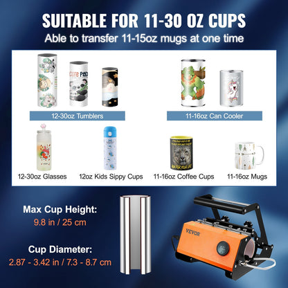 Mug Heat Press for Sublimation Printing, Fits 0.3-0.9m Cups, 7kg, Black