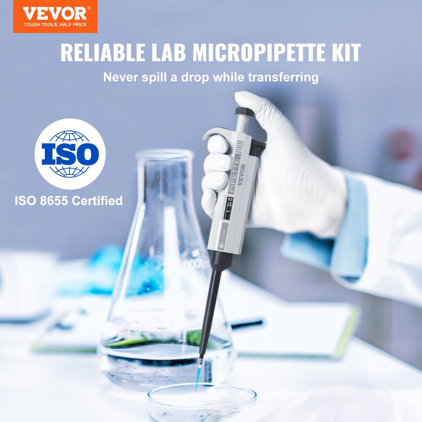 VEVOR Micropipette Kit, 3 Single Channel Pipettes (0.5-10μl, 10-100μl, 100-1000μl),
