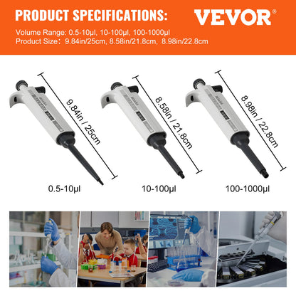 VEVOR Micropipette Kit, 3 Single Channel Pipettes (0.5-10μl, 10-100μl, 100-1000μl),