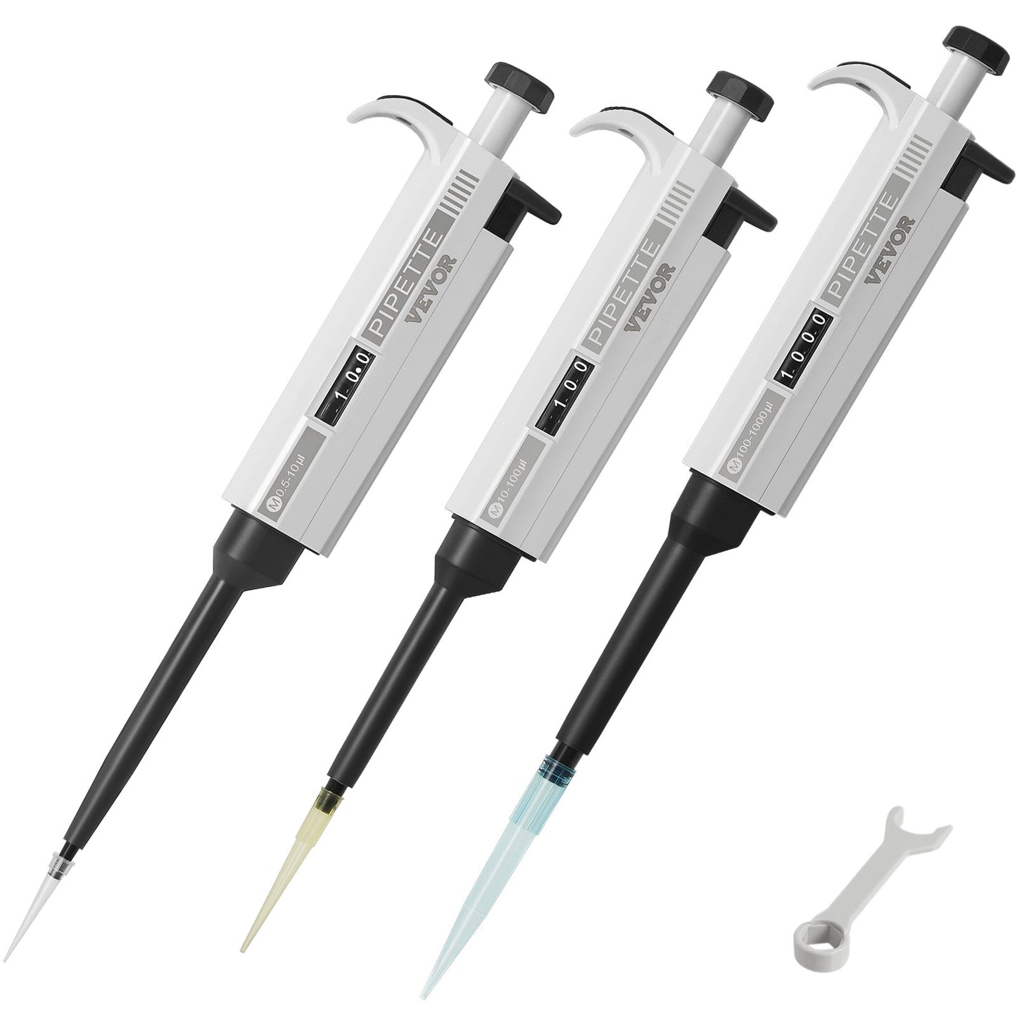 VEVOR Micropipette Kit, 3 Single Channel Pipettes (0.5-10μl, 10-100μl, 100-1000μl),