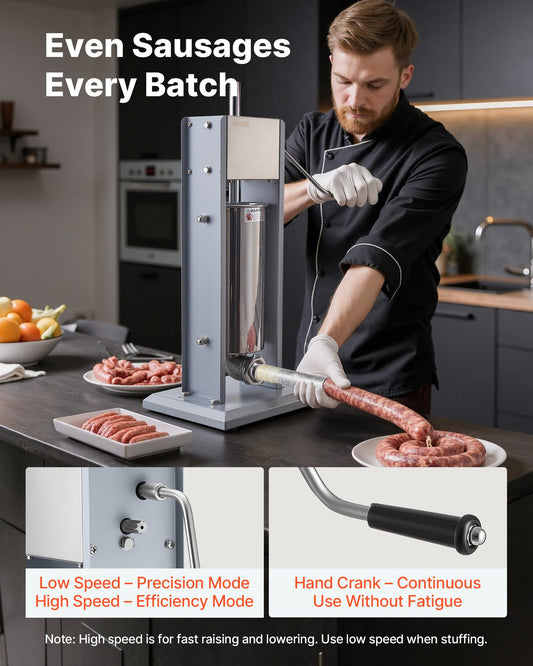 Manual Sausage Stuffer, 11 LBS / 5 L Vertical Meat Stuffer, Heavy Duty Sausage Casing Meat Stuffing Machine, Dual-Speed Stainless Steel Filler with 5 Filling Tubes, for Commercial and Home Use