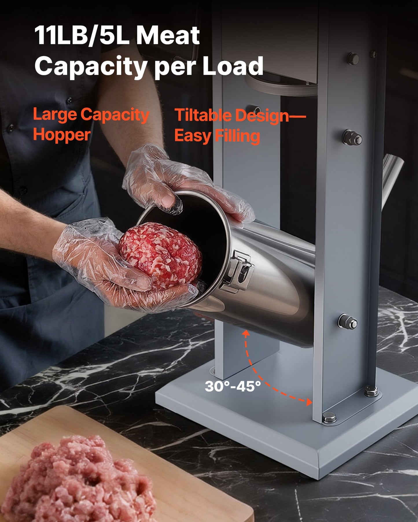 Manual Sausage Stuffer, 11 LBS / 5 L Vertical Meat Stuffer, Heavy Duty Sausage Casing Meat Stuffing Machine, Dual-Speed Stainless Steel Filler with 5 Filling Tubes, for Commercial and Home Use