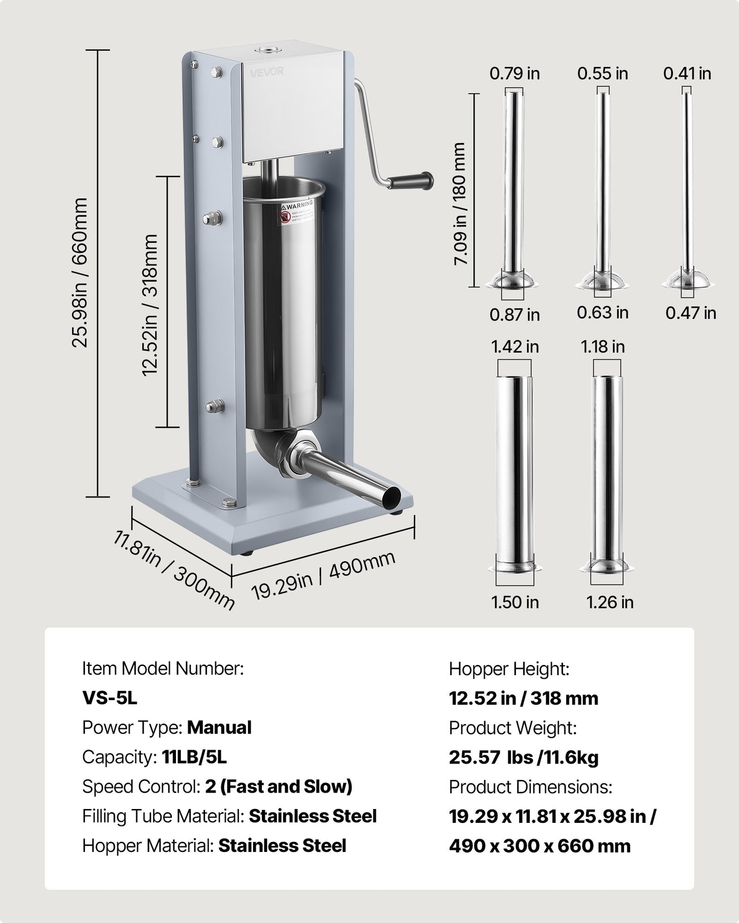 Manual Sausage Stuffer, 11 LBS / 5 L Vertical Meat Stuffer, Heavy Duty Sausage Casing Meat Stuffing Machine, Dual-Speed Stainless Steel Filler with 5 Filling Tubes, for Commercial and Home Use
