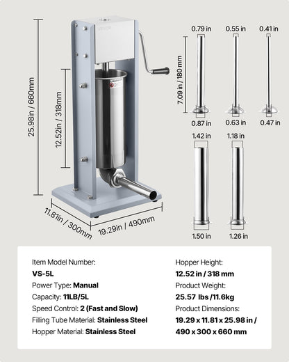 Manual Sausage Stuffer, 11 LBS / 5 L Vertical Meat Stuffer, Heavy Duty Sausage Casing Meat Stuffing Machine, Dual-Speed Stainless Steel Filler with 5 Filling Tubes, for Commercial and Home Use