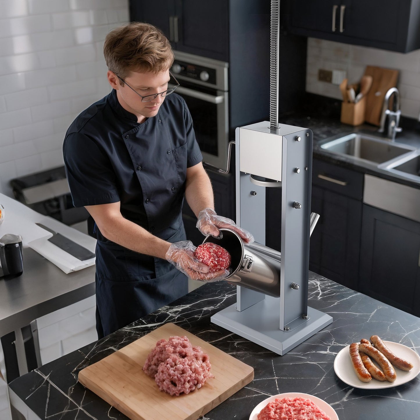 Manual Sausage Stuffer, 11 LBS / 5 L Vertical Meat Stuffer, Heavy Duty Sausage Casing Meat Stuffing Machine, Dual-Speed Stainless Steel Filler with 5 Filling Tubes, for Commercial and Home Use