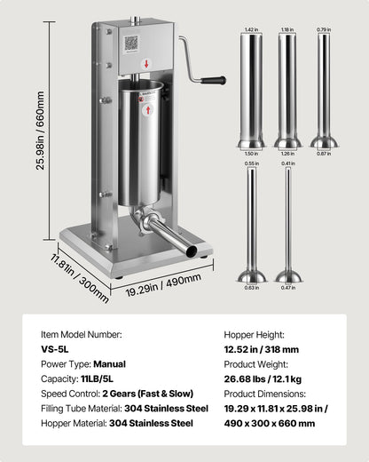 Manual Sausage Stuffer, 11 LBS / 5 L Vertical Meat Stuffer, Dual-Speed Sausage Casing Meat Filling Machine, Stainless Steel Heavy Duty Filler with 5 Stuffing Tubes, for Commercial & Home Use