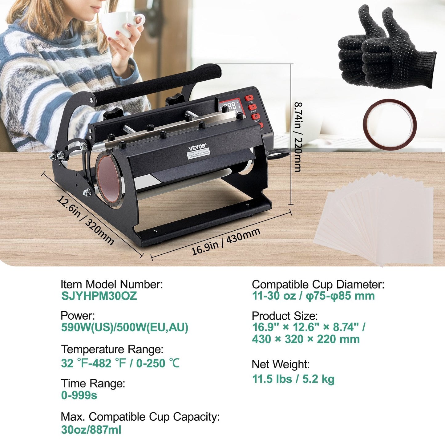 Sublimation Mug Heat Press Machine for 0.3-0.9L Tumblers, Black, 5.2 kg