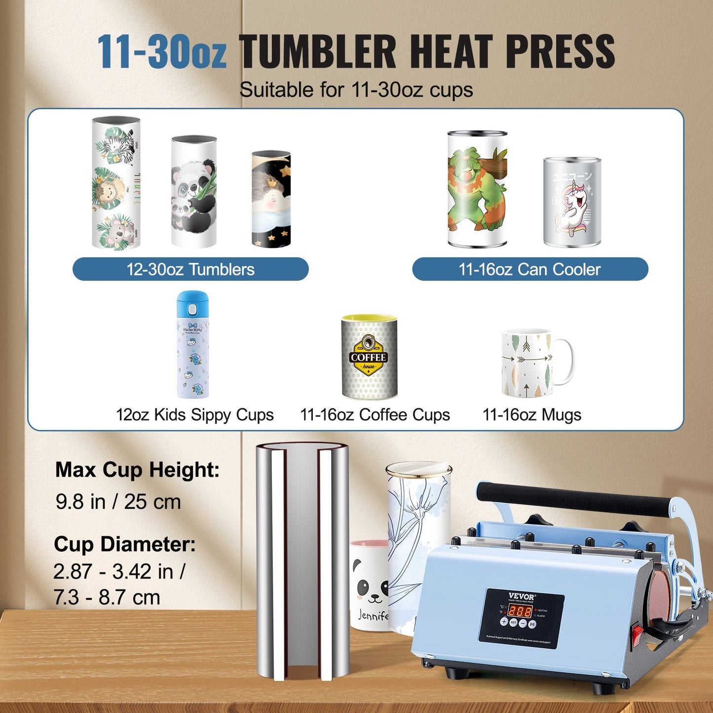 Blue Tumbler Heat Press Machine for 0.32-0.89L Mugs, Rapid Sublimation