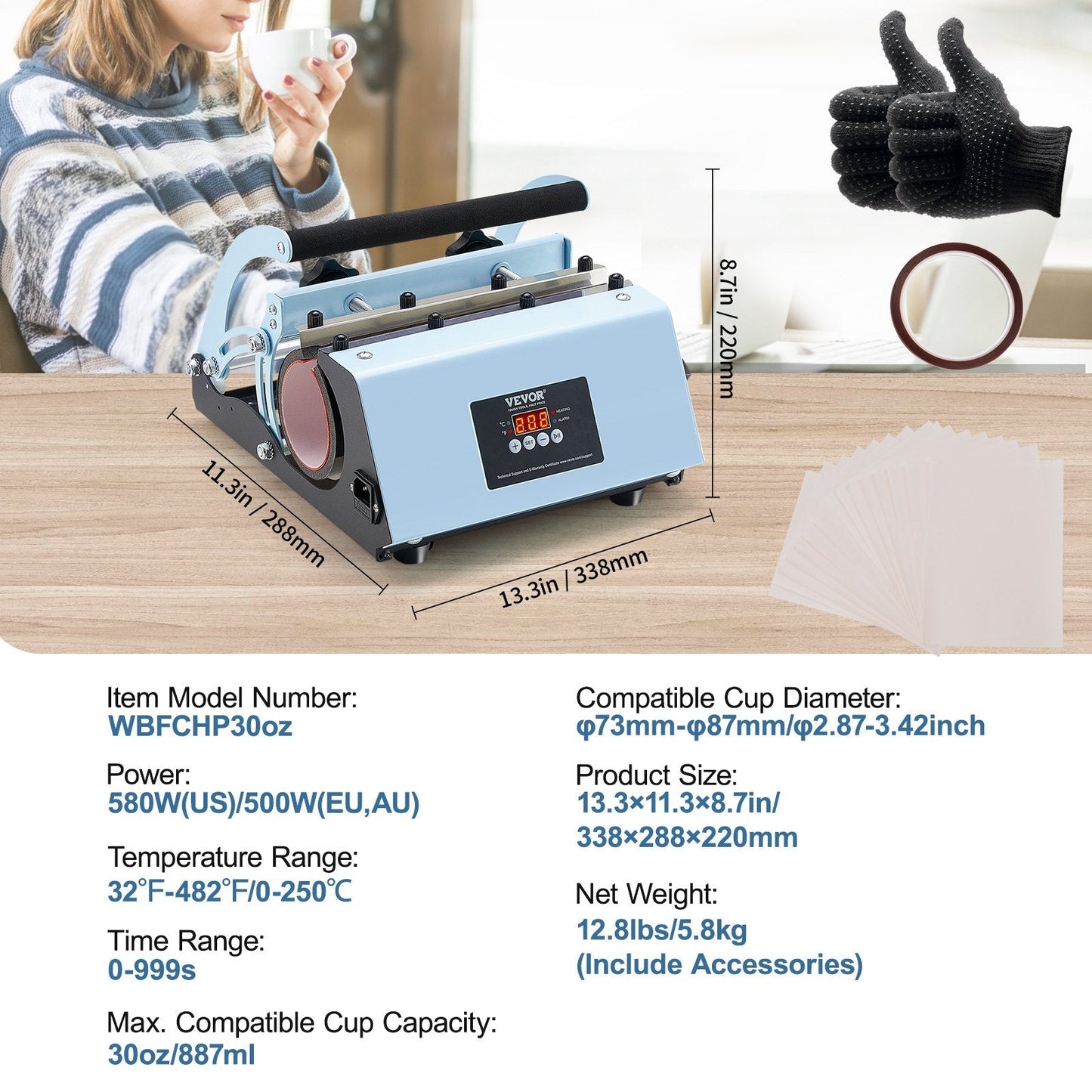Blue Tumbler Heat Press Machine for 0.32-0.89L Mugs, Rapid Sublimation