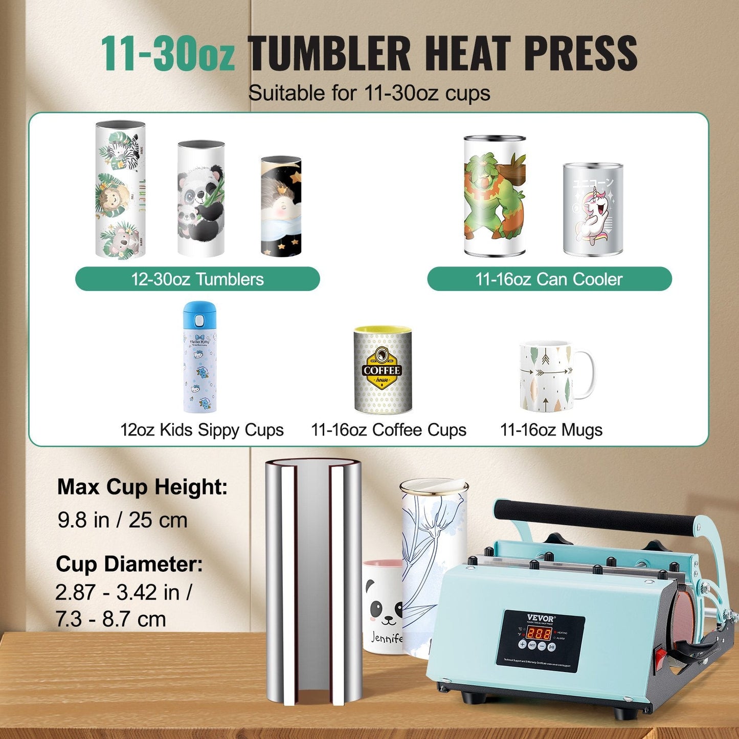 Green Tumbler Heat Press Machine for 330-887ml Mug Sublimation, 5.8 kg