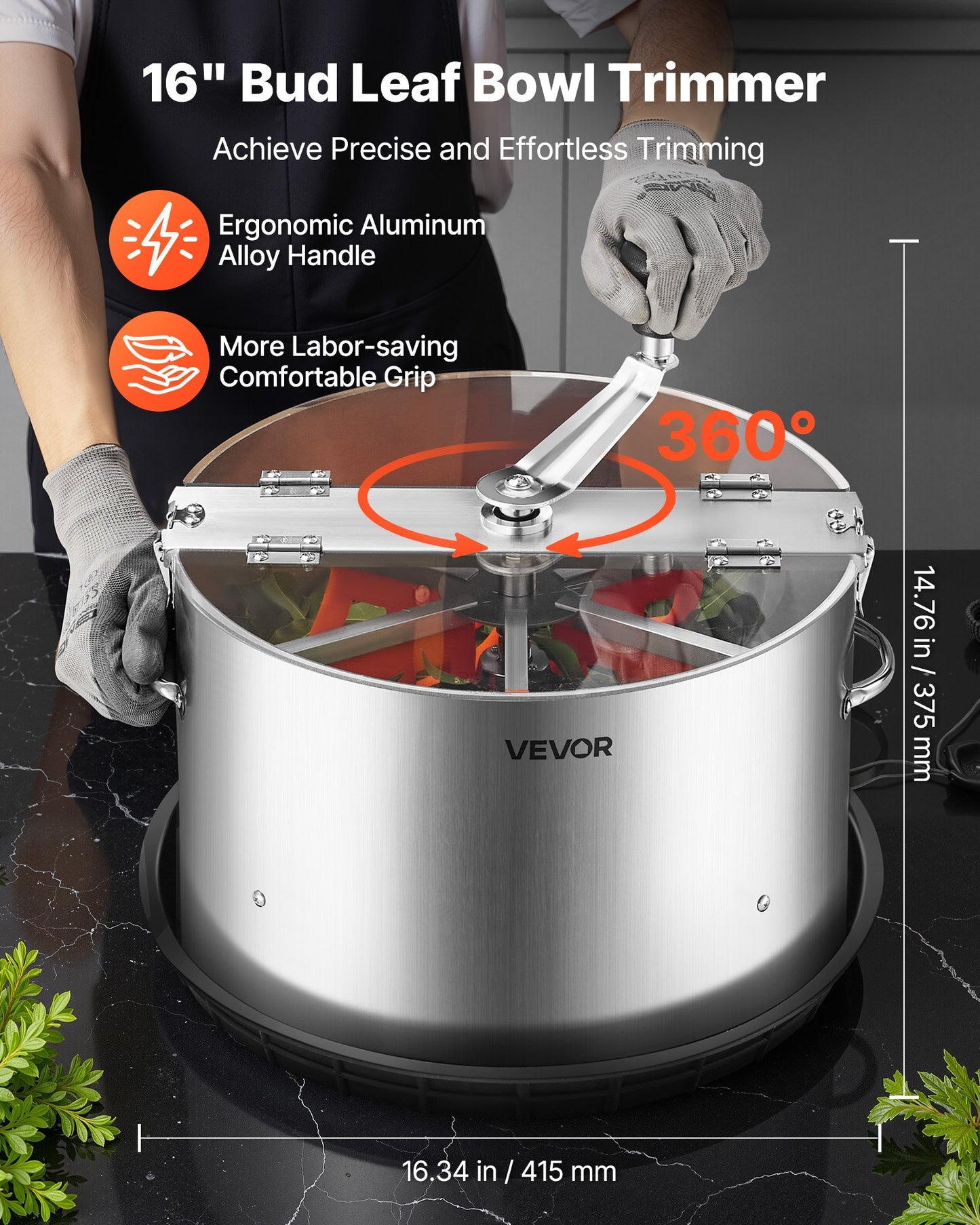 Manual Bud Leaf Trimmer, 370mm  Reaper Bowl Bud Trimmer with Stainless Steel Blades, Visual Cutting, Wet & Dry Hydroponic Cutting Machine with Tray, Twisted Spin Cut for Plant Buds Flowers
