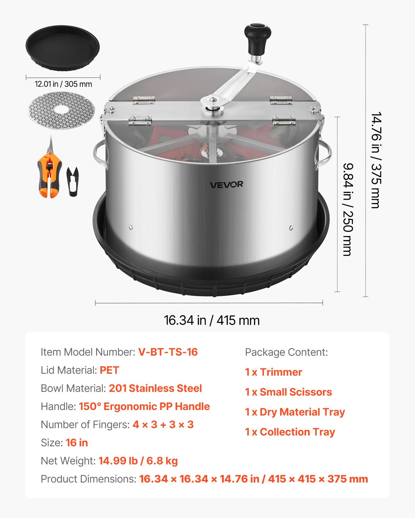 Manual Bud Leaf Trimmer, 370mm  Reaper Bowl Bud Trimmer with Stainless Steel Blades, Visual Cutting, Wet & Dry Hydroponic Cutting Machine with Tray, Twisted Spin Cut for Plant Buds Flowers