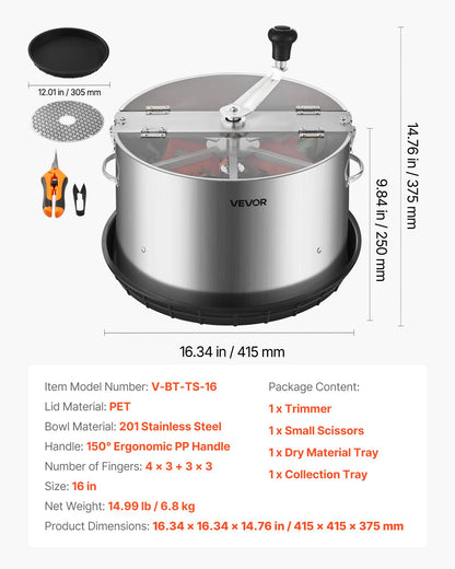 Manual Bud Leaf Trimmer, 370mm  Reaper Bowl Bud Trimmer with Stainless Steel Blades, Visual Cutting, Wet & Dry Hydroponic Cutting Machine with Tray, Twisted Spin Cut for Plant Buds Flowers