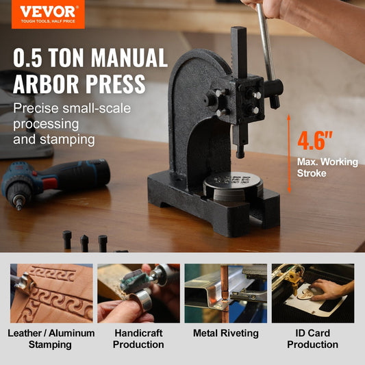 0.5 Ton Manual Arbor Press, Cast Iron, 0.3 Meter Max Height, 7.5 kg Weight