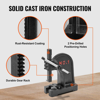 Heavy-Duty 1 Ton Manual Arbor Press, 150mm Max Height, Cast Iron Construction
