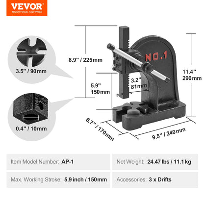 VEVOR Arbor Press, 1 Ton Manual Arbor Press, 5.9" Maximum Height, Cast Iron Heavy-duty