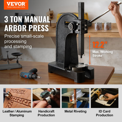 VEVOR Arbor Press, 3 Ton Manual Arbor Press, 30.99" Maximum Height, Cast Iron Heavy-duty