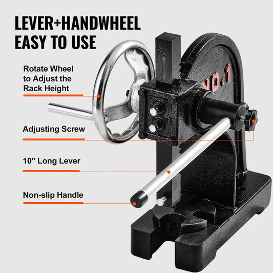 Manual 1 Ton Arbor Press with Handwheel, 0.15m Max Height, Cast Iron Frame