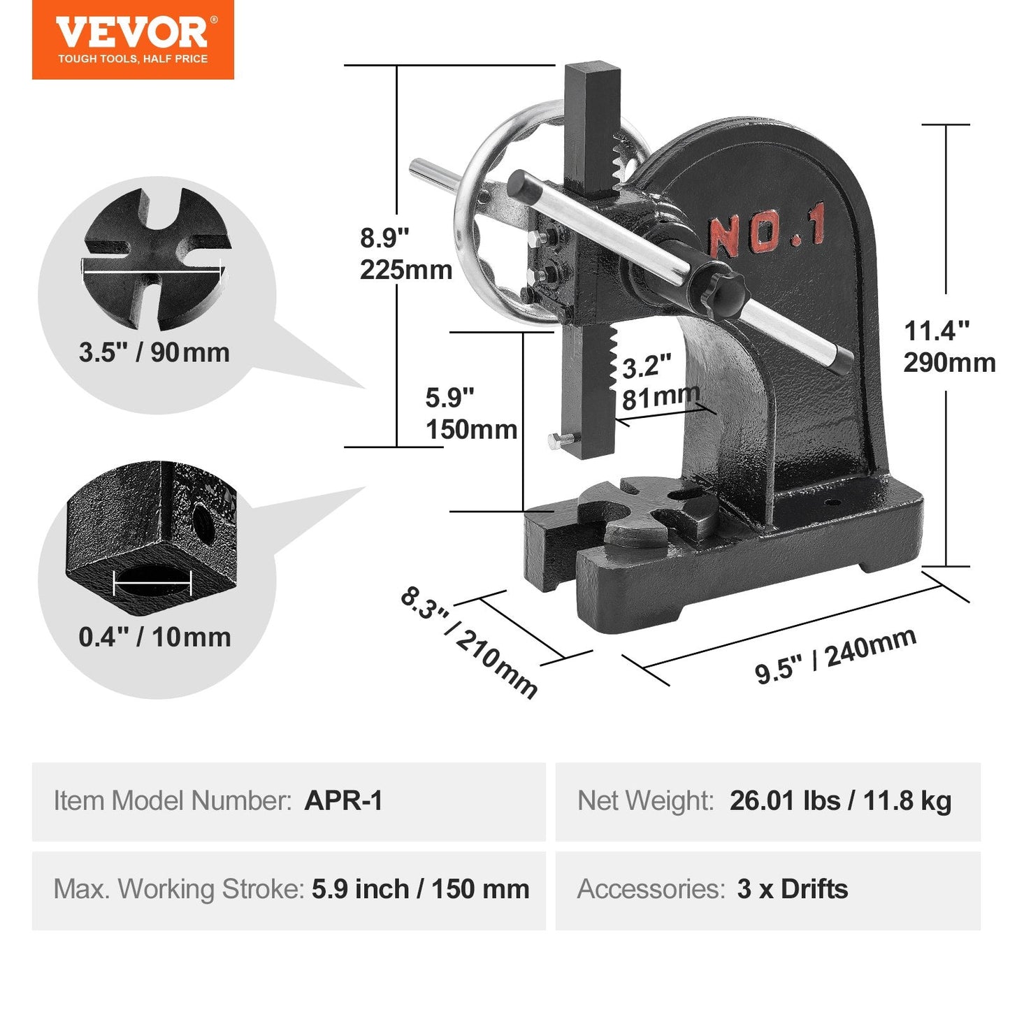 Manual 1 Ton Arbor Press with Handwheel, 0.15m Max Height, Cast Iron Frame