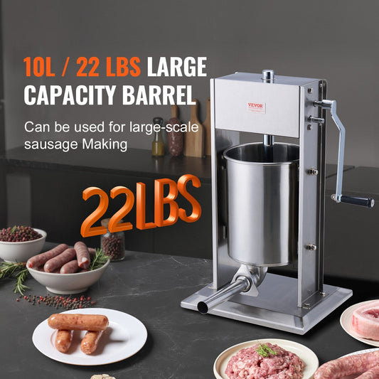 10 L Manual Vertical Sausage Stuffer, 304 Stainless Steel, Commercial Grade