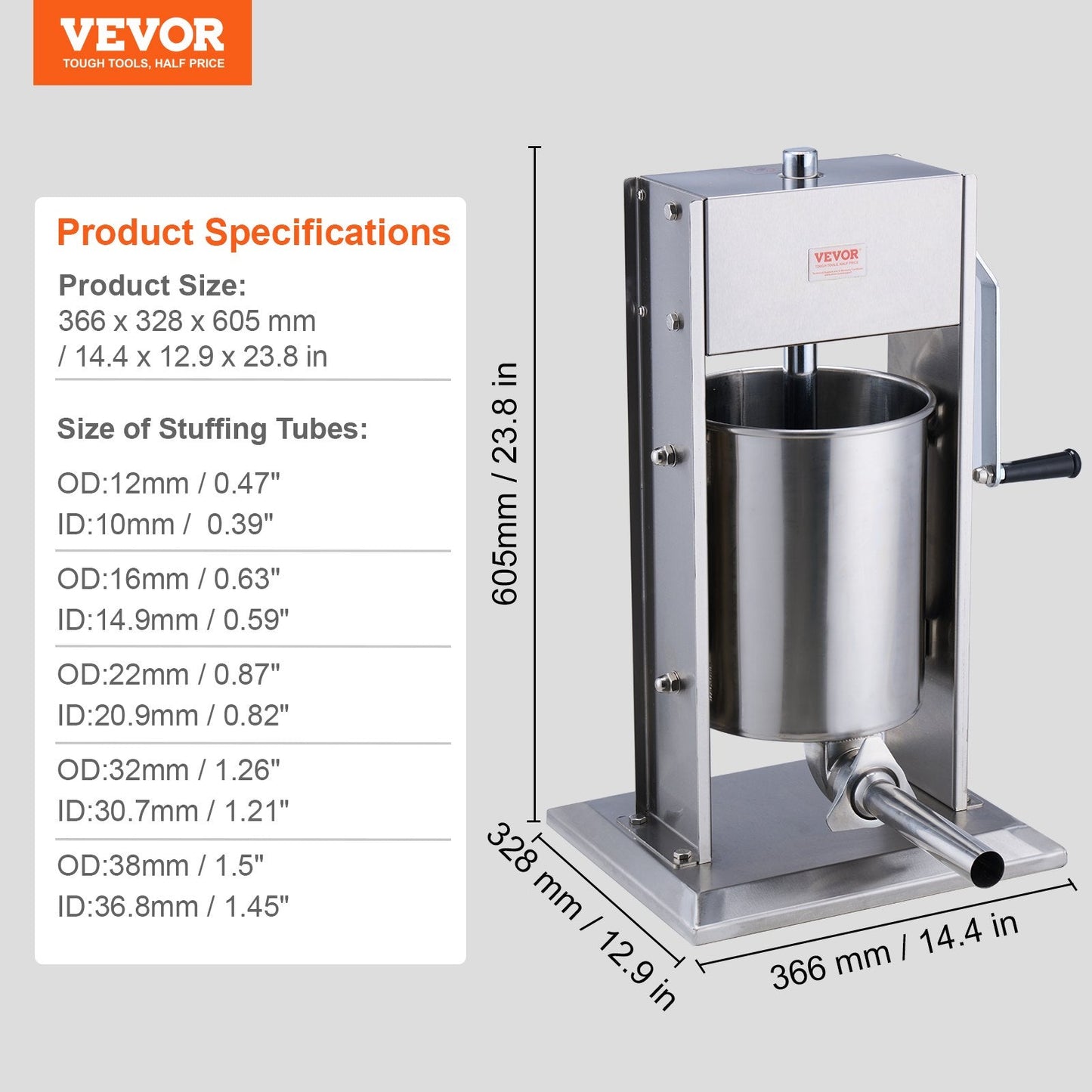 10 L Manual Vertical Sausage Stuffer, 304 Stainless Steel, Commercial Grade