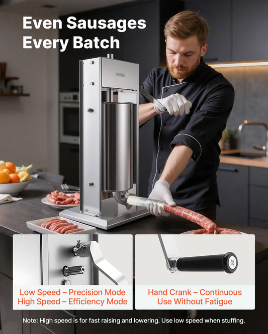 Manual Sausage Stuffer, 33 LBS / 15 L Vertical Meat Stuffer, Heavy Duty Sausage Casing Meat Stuffing Machine, Dual-Speed Stainless Steel Filler with 5 Filling Tubes, for Commercial and Home Use