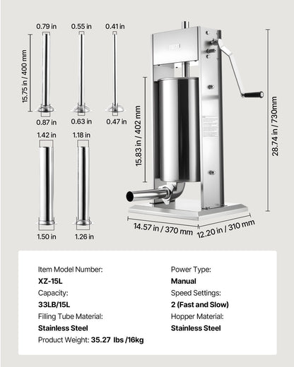 Manual Sausage Stuffer, 33 LBS / 15 L Vertical Meat Stuffer, Heavy Duty Sausage Casing Meat Stuffing Machine, Dual-Speed Stainless Steel Filler with 5 Filling Tubes, for Commercial and Home Use