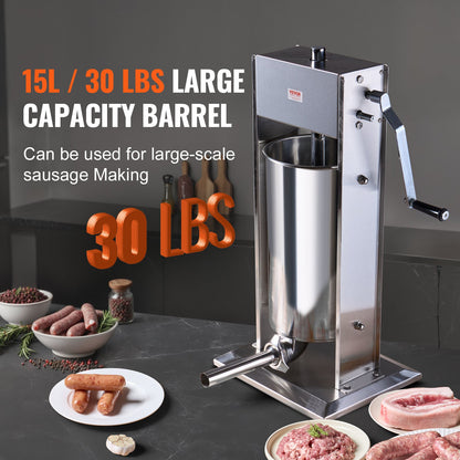 VEVOR Manual Sausage Stuffer 15 L Vertical Sausage Machine 304 Stainless Steel