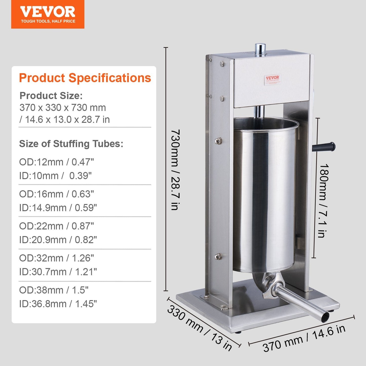 15L Vertical Stainless Steel Sausage Stuffer, Manual, Commercial-Grade