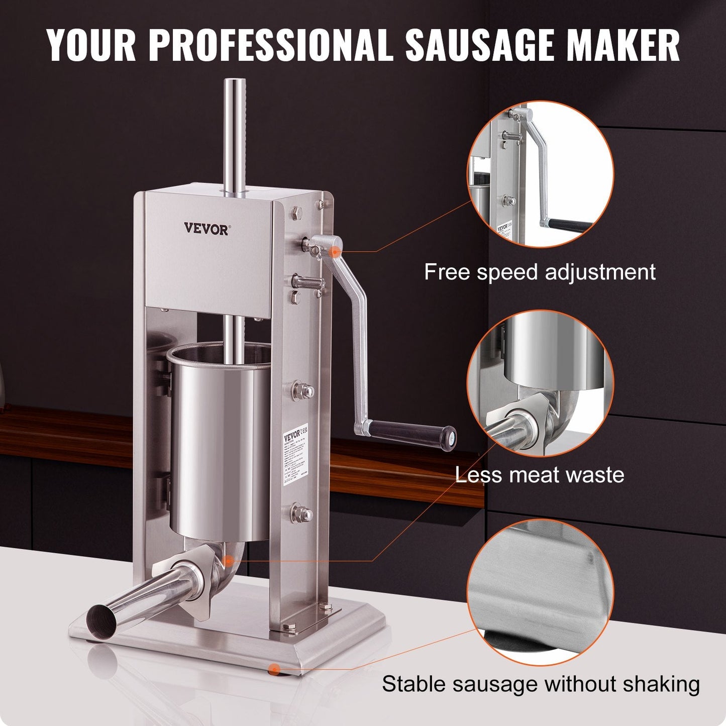 Stainless Steel 3L Sausage Stuffer with Adjustable Speeds and Suction Base