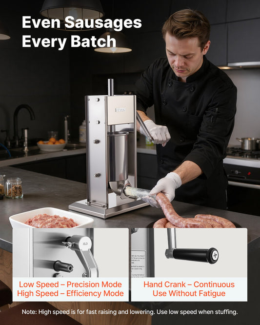 Manual Sausage Stuffer, 7 LBS / 3 L Vertical Meat Stuffer, Heavy Duty Sausage Casing Meat Stuffing Machine, Dual-Speed Stainless Steel Filler with 5 Filling Tubes, for Commercial and Home Use