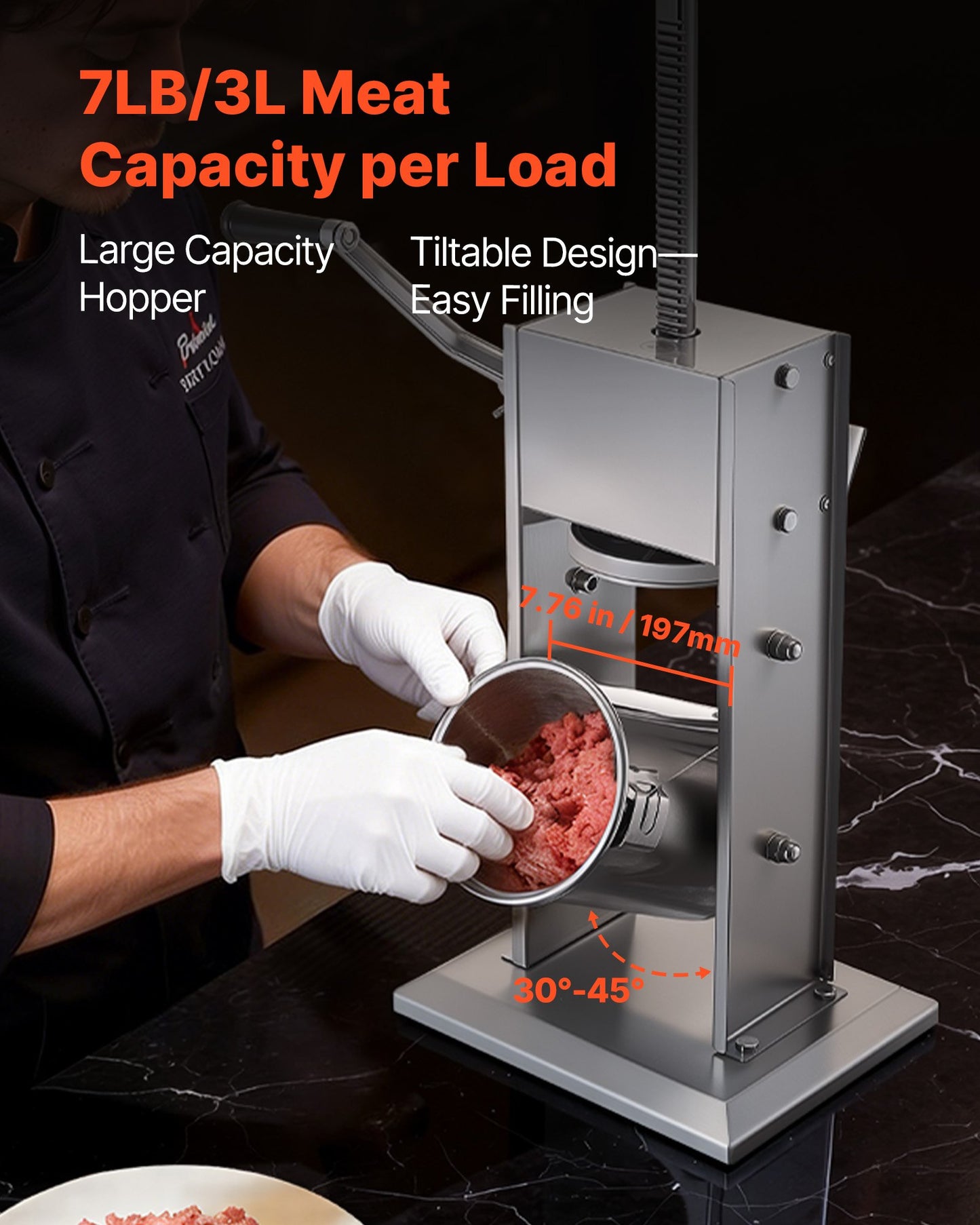 Manual Sausage Stuffer, 7 LBS / 3 L Vertical Meat Stuffer, Heavy Duty Sausage Casing Meat Stuffing Machine, Dual-Speed Stainless Steel Filler with 5 Filling Tubes, for Commercial and Home Use