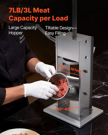 Manual Sausage Stuffer, 7 LBS / 3 L Vertical Meat Stuffer, Heavy Duty Sausage Casing Meat Stuffing Machine, Dual-Speed Stainless Steel Filler with 5 Filling Tubes, for Commercial and Home Use