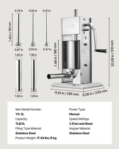 Manual Sausage Stuffer, 7 LBS / 3 L Vertical Meat Stuffer, Heavy Duty Sausage Casing Meat Stuffing Machine, Dual-Speed Stainless Steel Filler with 5 Filling Tubes, for Commercial and Home Use