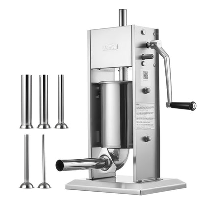 Manual Sausage Stuffer, 7 LBS / 3 L Vertical Meat Stuffer, Heavy Duty Sausage Casing Meat Stuffing Machine, Dual-Speed Stainless Steel Filler with 5 Filling Tubes, for Commercial and Home Use