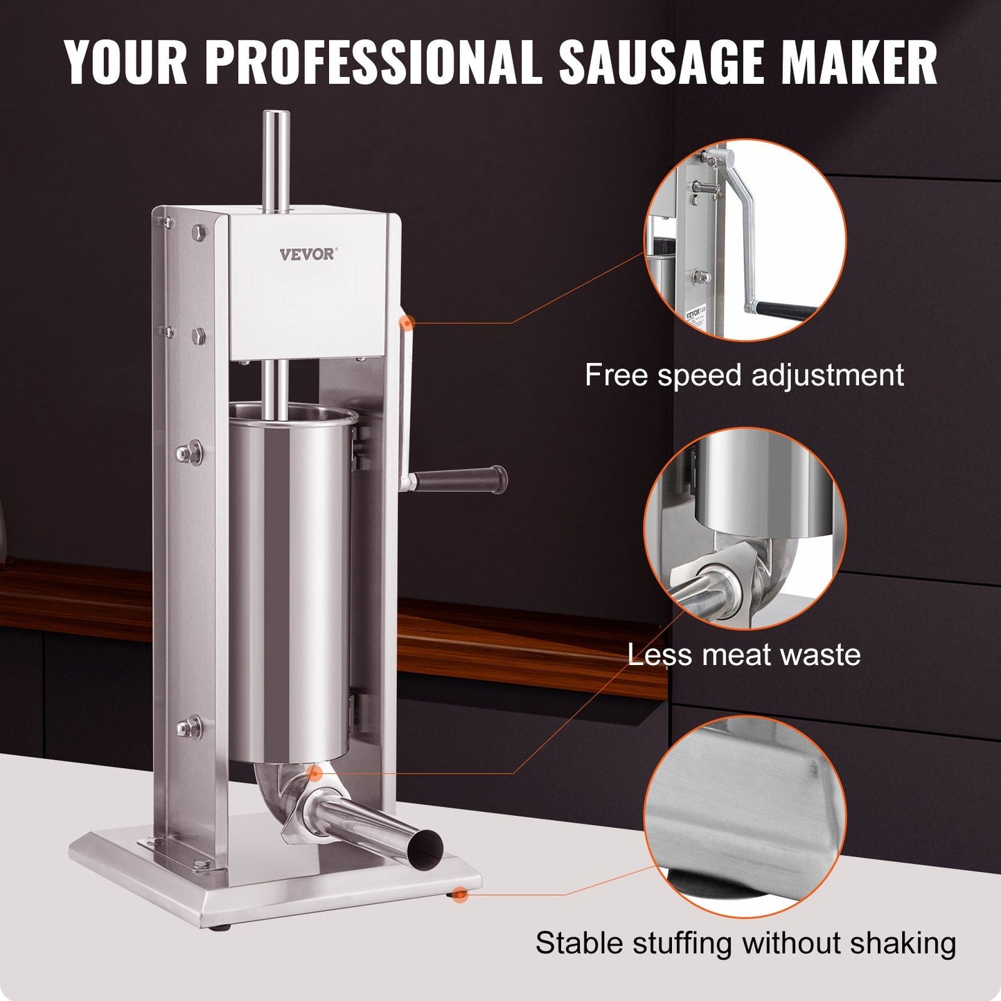 Stainless Steel Sausage Stuffer, 5L Capacity, Manual with Adjustable Speeds