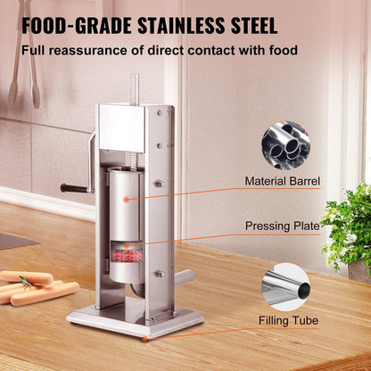 Stainless Steel Sausage Stuffer, 5L Capacity, Manual with Adjustable Speeds