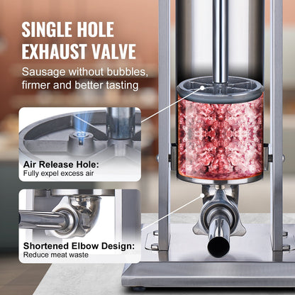 7L Vertical Sausage Stuffer, Stainless Steel, Manual, 11.9 kg Capacity