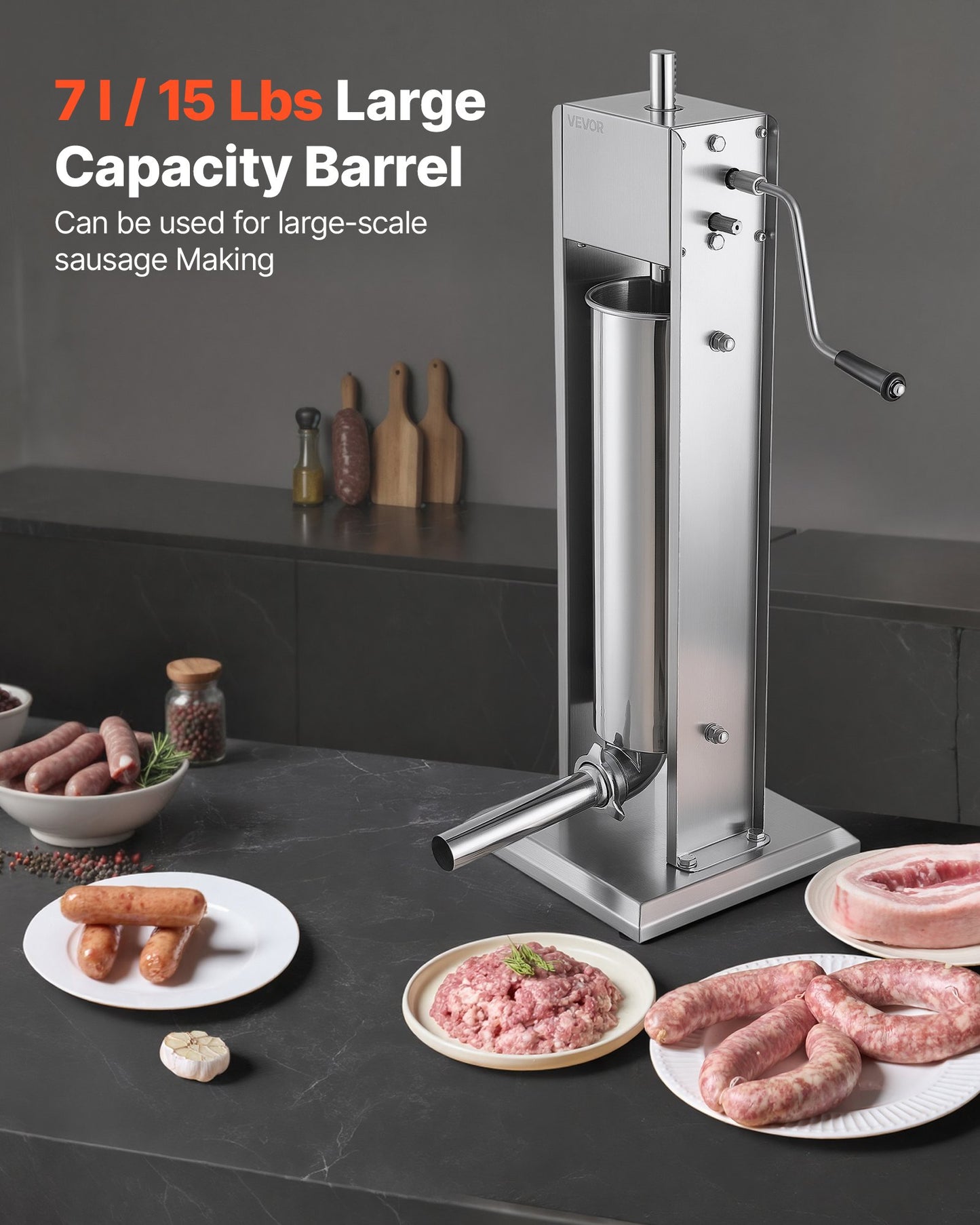 Manual Sausage Stuffer 7L Vertical Sausage Machine Dual-Speed, Food-Grade 304 Stainless Steel Meat Stuffer, Includes 5 Stuffing Tubes, for Home Kitchen Restaurant Commercial