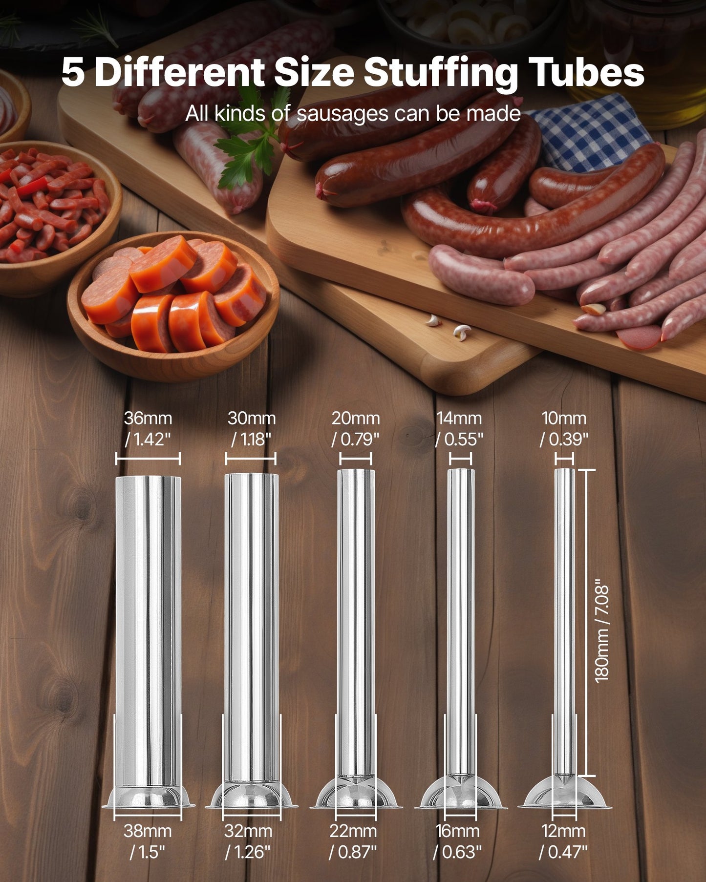Manual Sausage Stuffer 7L Vertical Sausage Machine Dual-Speed, Food-Grade 304 Stainless Steel Meat Stuffer, Includes 5 Stuffing Tubes, for Home Kitchen Restaurant Commercial