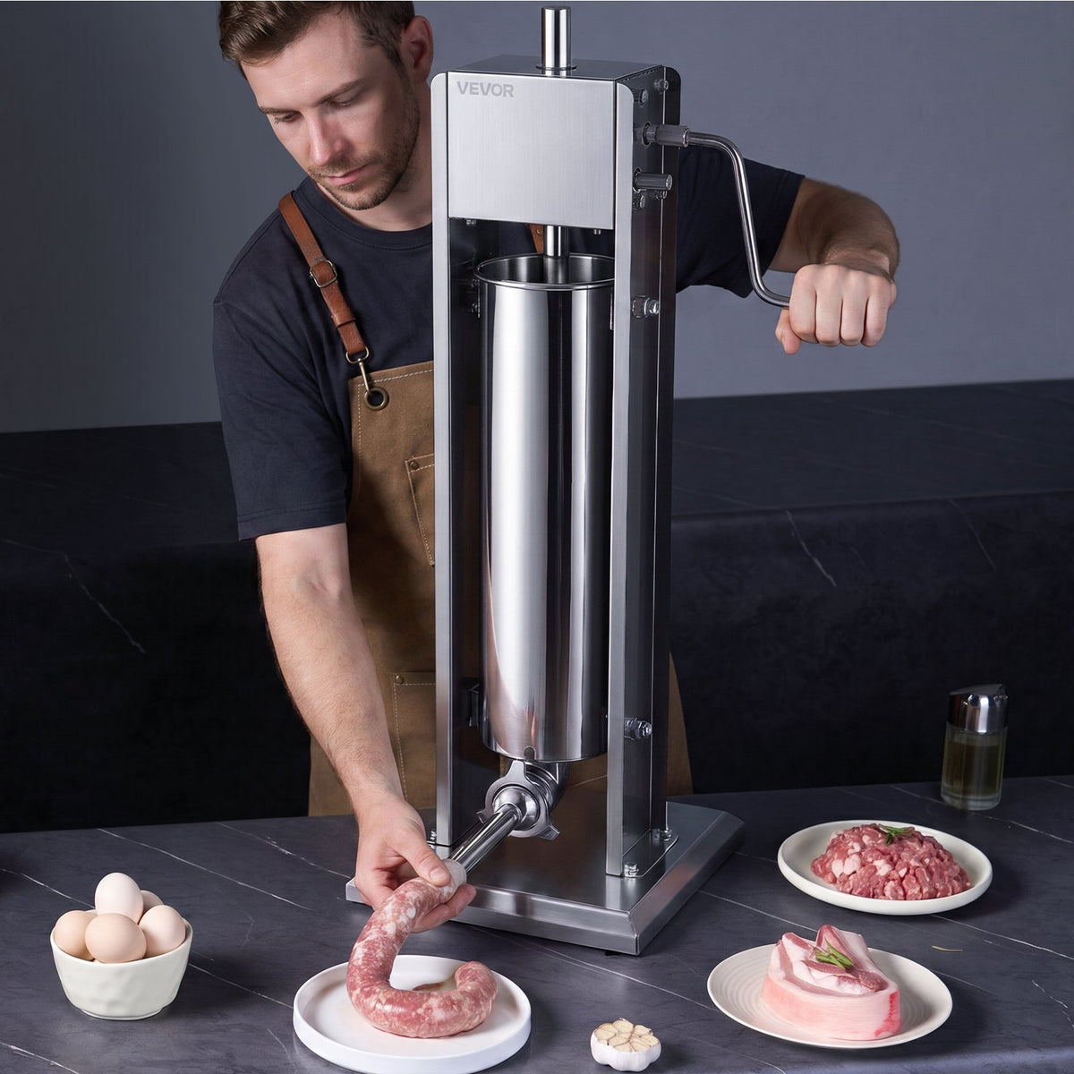 Manual Sausage Stuffer 7L Vertical Sausage Machine Dual-Speed, Food-Grade 304 Stainless Steel Meat Stuffer, Includes 5 Stuffing Tubes, for Home Kitchen Restaurant Commercial