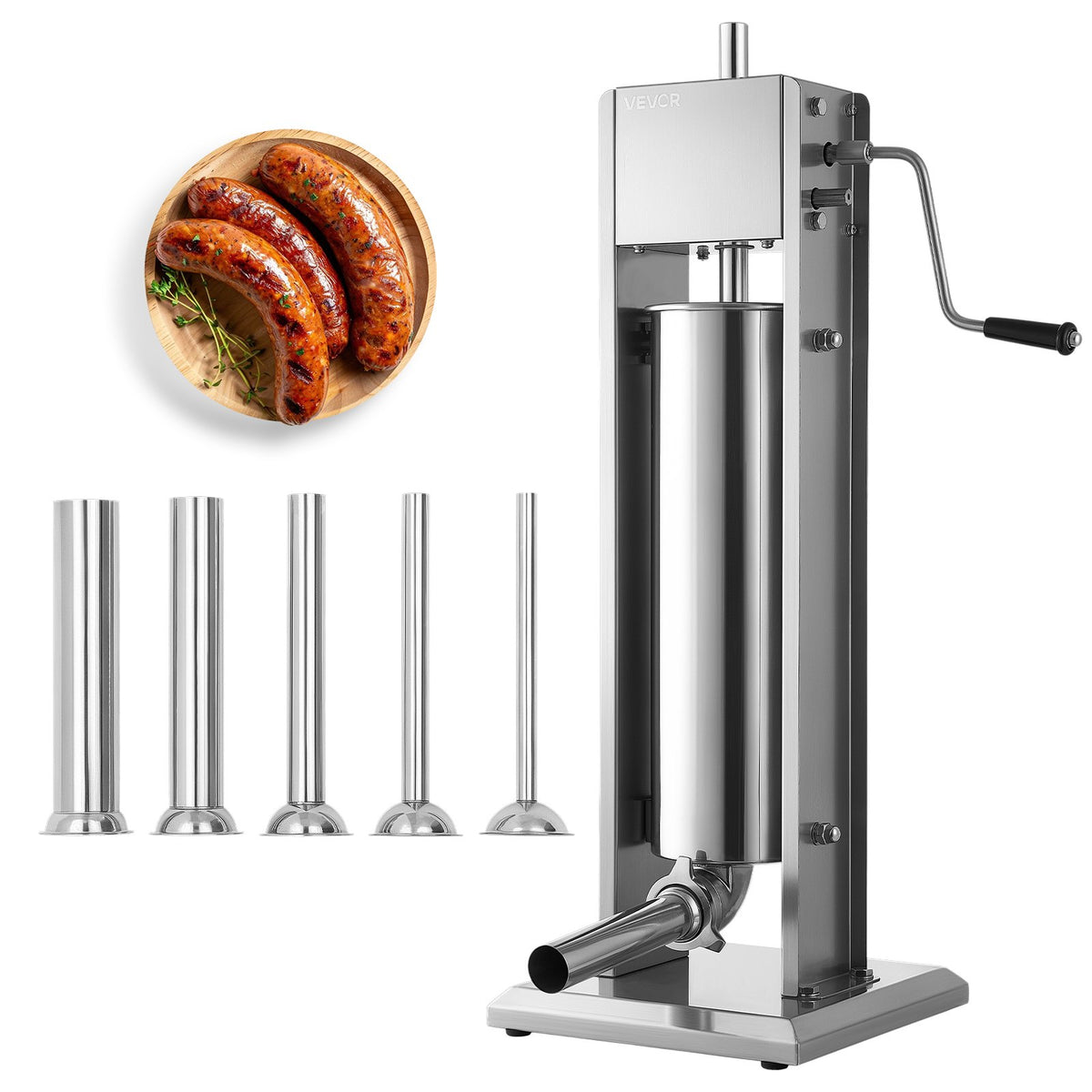 Manual Sausage Stuffer 7L Vertical Sausage Machine Dual-Speed, Food-Grade 304 Stainless Steel Meat Stuffer, Includes 5 Stuffing Tubes, for Home Kitchen Restaurant Commercial